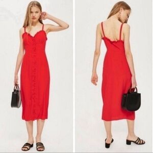 NWT TOPSHOP Red Button Down Ruffle Hem Midi Dress Women’s 2 Sundress Valentines